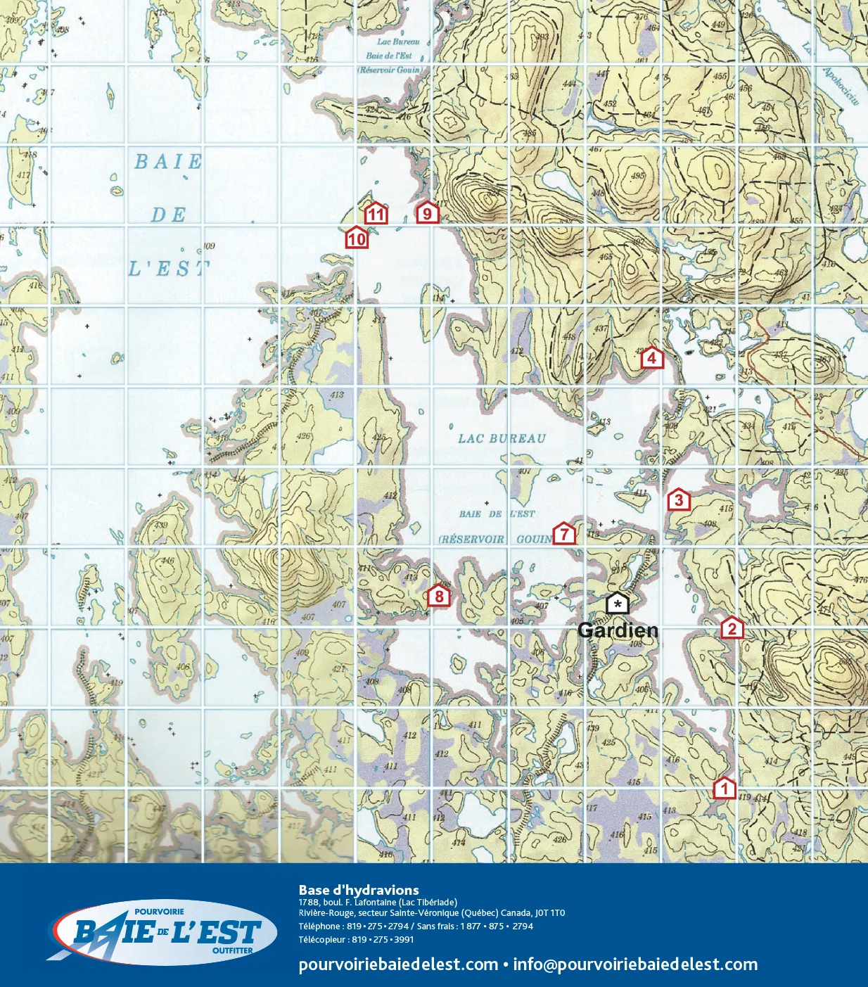 Carte des camps à la pourvoirie Baie de l'Est